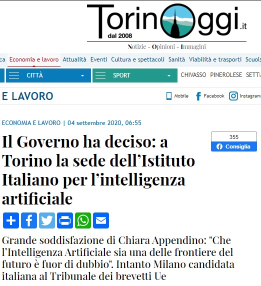 La nostra associazione AI2, è felice della scelta della sede per l'istituto Italiano IA (I3A)